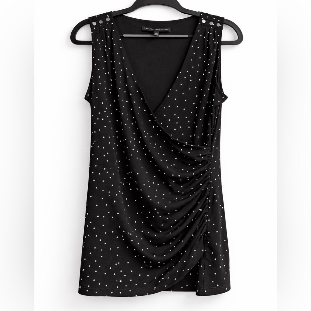 White House Black Market Black Polka Dot Draped Top ✨ Sleeveless V-Neck Size S